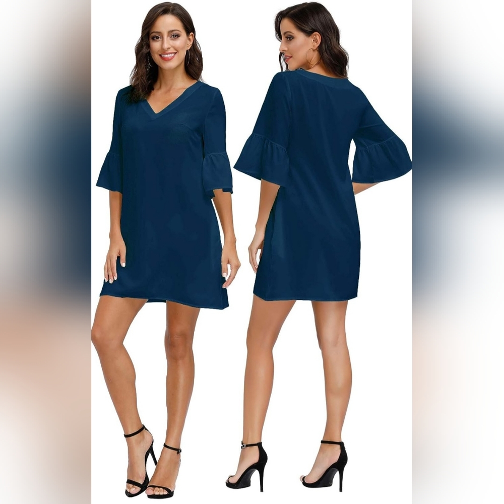 Womans V Neck, Mini Tunic dress Size Medium NWT Navy Blue Bell Sleeves - Picture 2 of 5